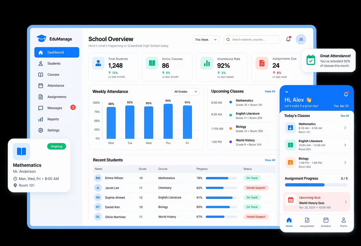 Property management dashboard with occupancy, rent collection, maintenance requests, and property listings