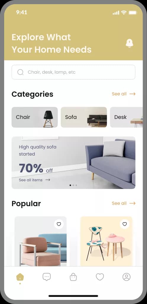 Mobile app interface mockup showing a clean e-commerce layout for home furniture.